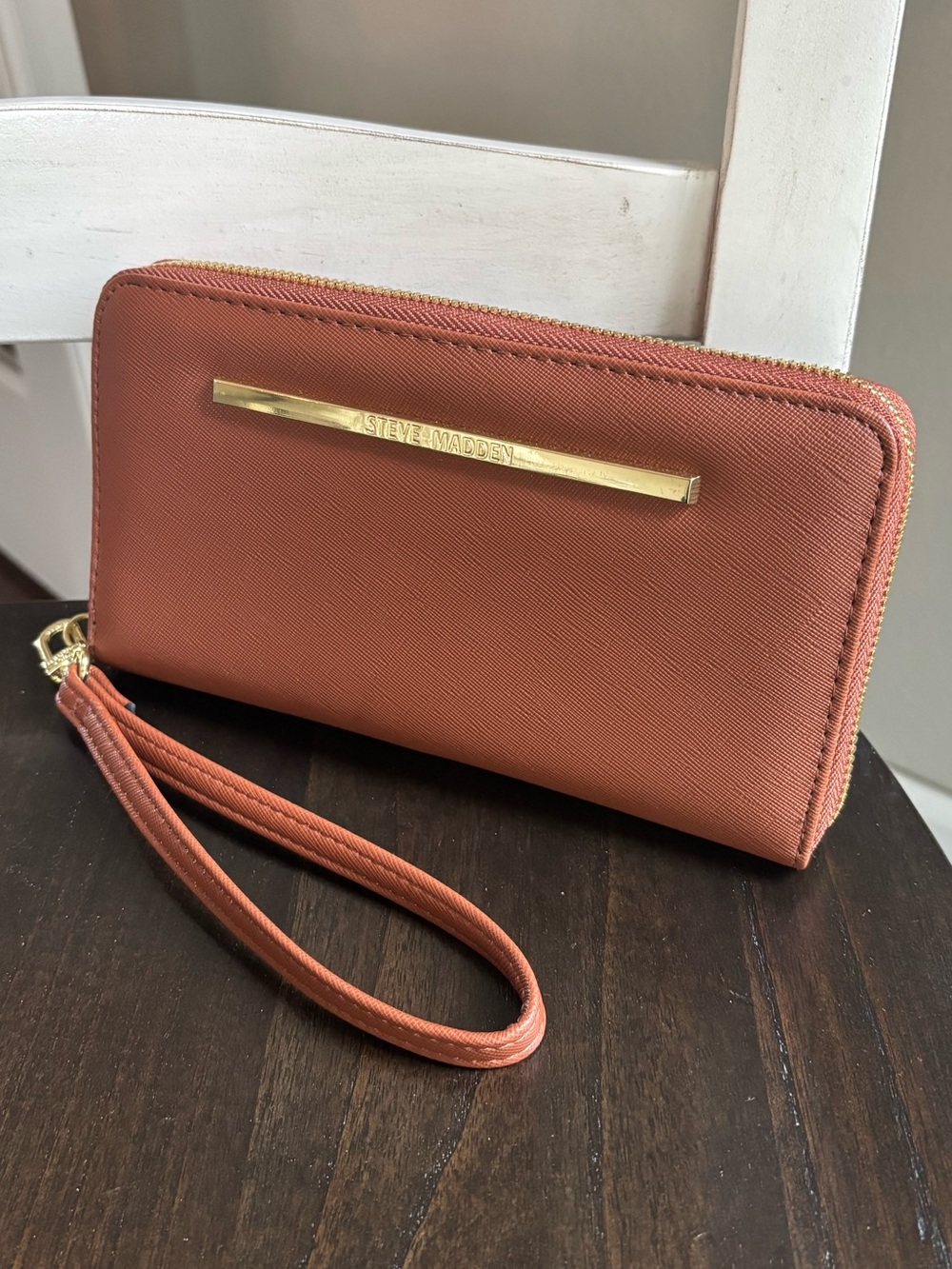 Steve Madden Rust Zip-Around Women’s Wristlet with Gold Trim